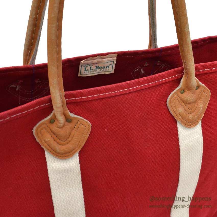 1980's L.L.BEAN CANVAS TOTE BAG LEATHER HANDLE / RED ... LARGE
