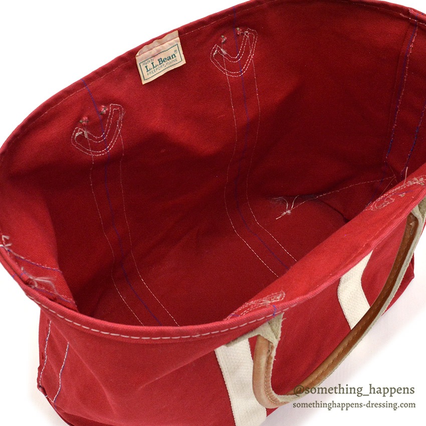 1980's L.L.BEAN CANVAS TOTE BAG LEATHER HANDLE / RED ... LARGE
