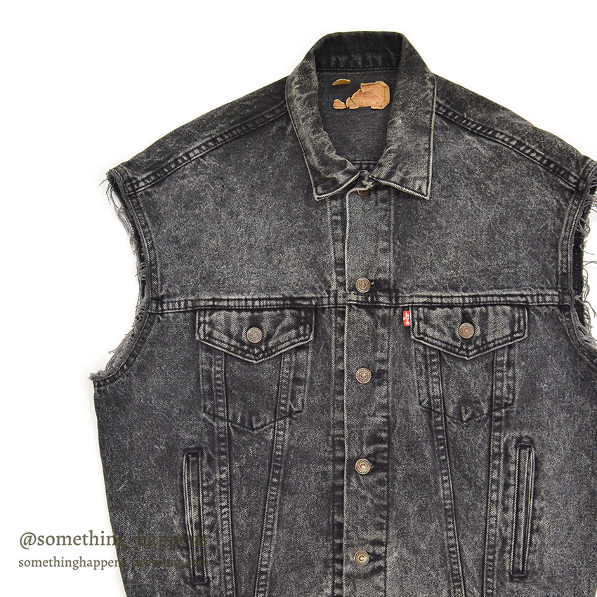 1980's Levi's 70507-0253 ACID WASH BLACK DENIM VEST / CHOPPED ... M