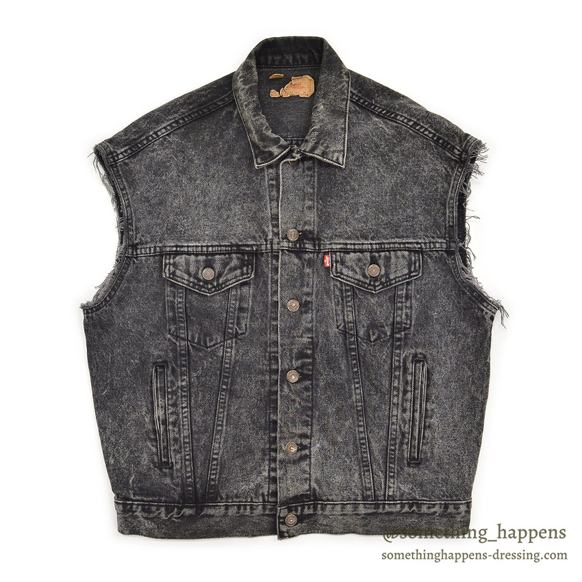 1980's Levi's 70507-0253 ACID WASH BLACK DENIM VEST / CHOPPED ... M