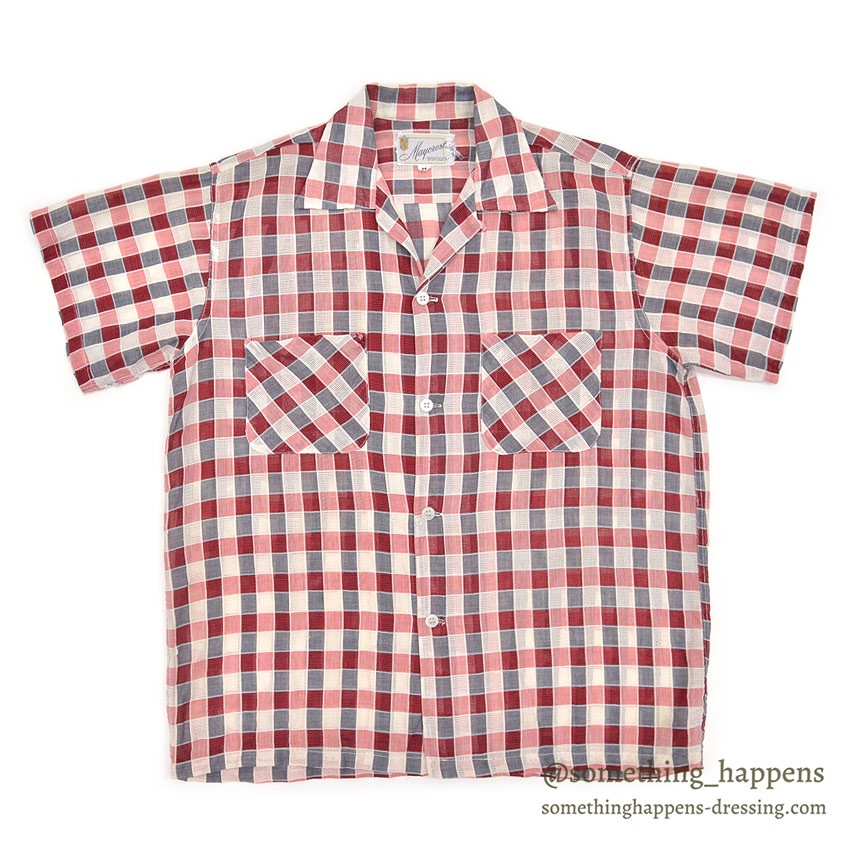 1950's MAYCREST SMALL BLOCK PLAID MESH SHIRT / UNUSUAL WEAVE ... M