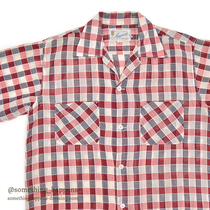 1950's MAYCREST SMALL BLOCK PLAID MESH SHIRT / UNUSUAL WEAVE ... M