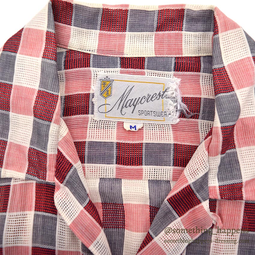 1950's MAYCREST SMALL BLOCK PLAID MESH SHIRT / UNUSUAL WEAVE ... M