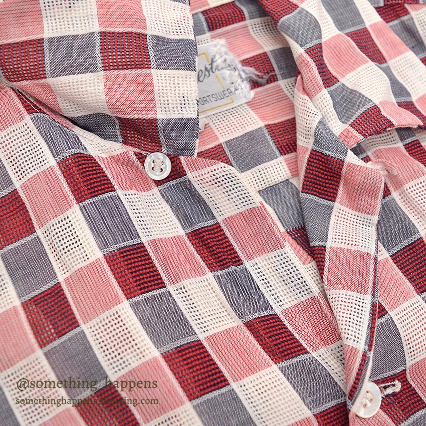 1950's MAYCREST SMALL BLOCK PLAID MESH SHIRT / UNUSUAL WEAVE ... M