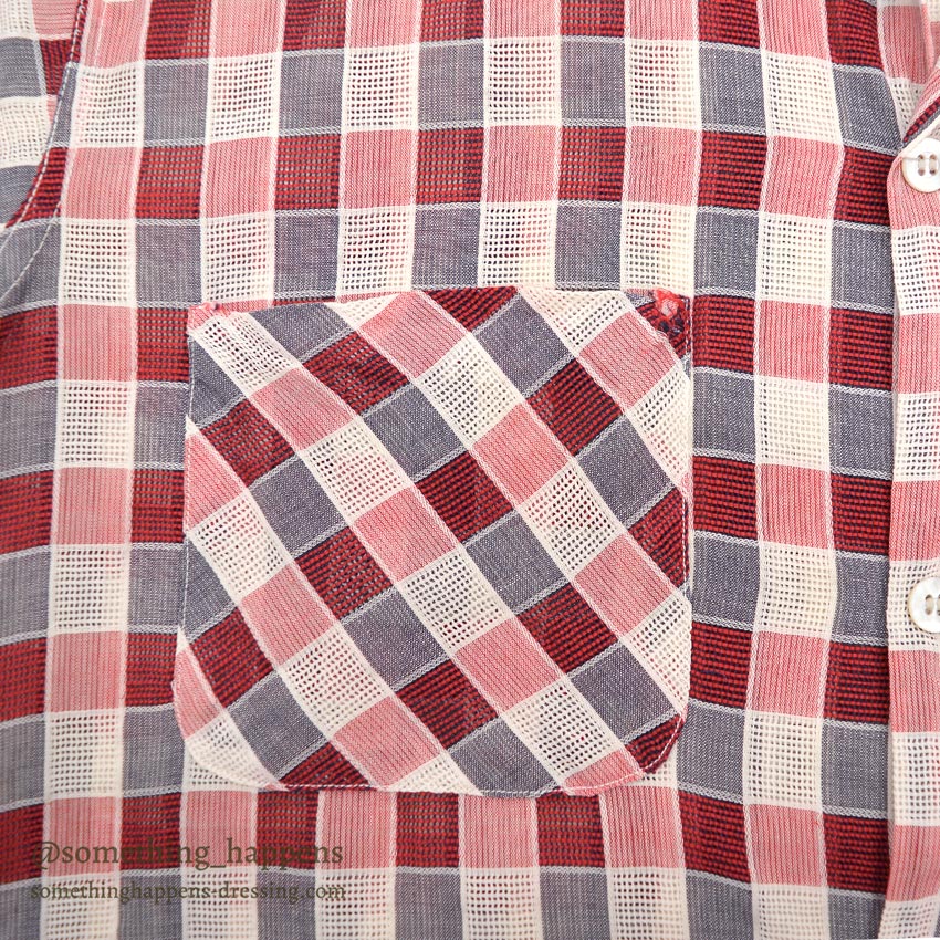 1950's MAYCREST SMALL BLOCK PLAID MESH SHIRT / UNUSUAL WEAVE ... M