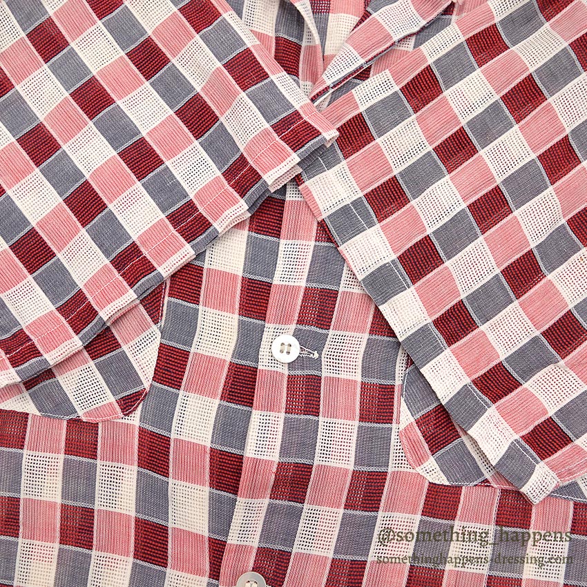 1950's MAYCREST SMALL BLOCK PLAID MESH SHIRT / UNUSUAL WEAVE ... M