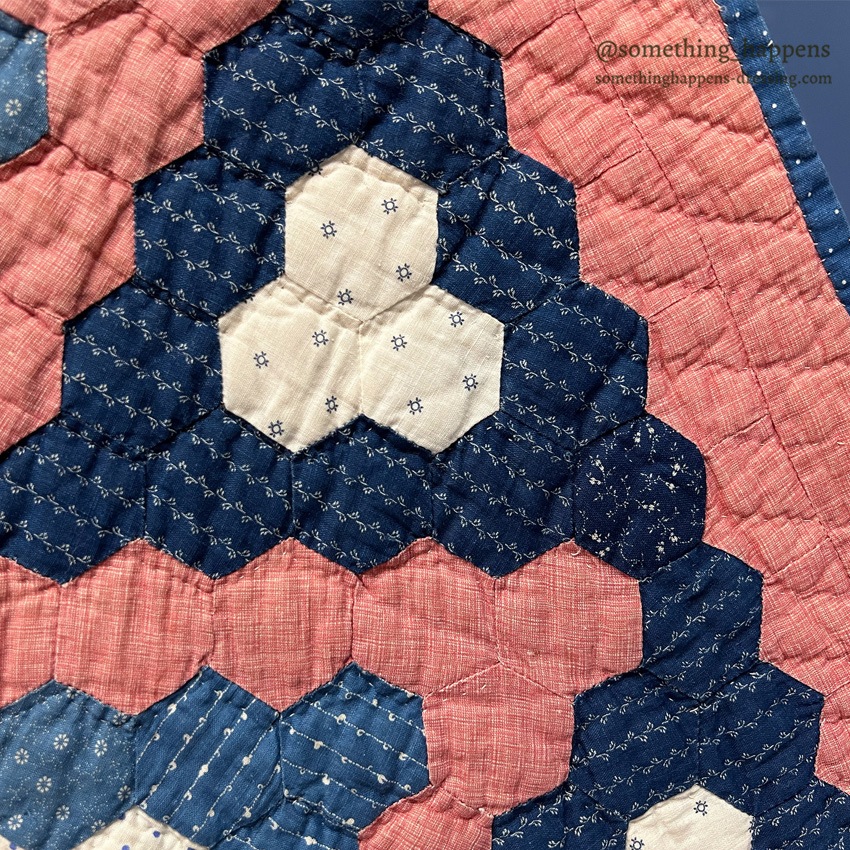 ANTIQUE INDIGO CALICO / PINK OCTAGON QUILT ... 196cm/147cm