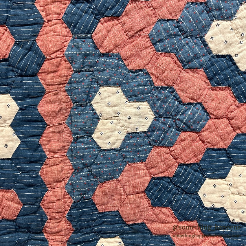 ANTIQUE INDIGO CALICO / PINK OCTAGON QUILT ... 196cm/147cm