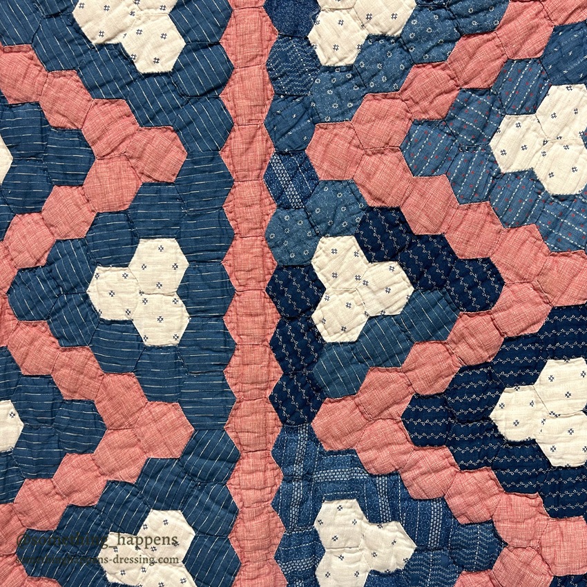 ANTIQUE INDIGO CALICO / PINK OCTAGON QUILT ... 196cm/147cm