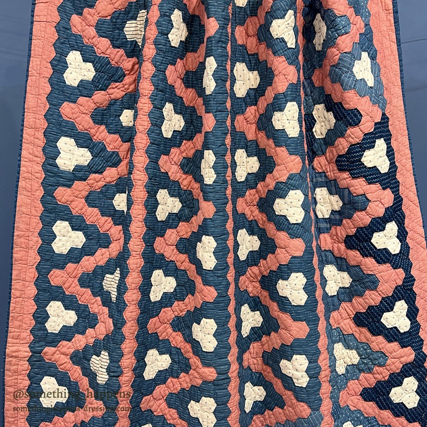 ANTIQUE INDIGO CALICO / PINK OCTAGON QUILT ... 196cm/147cm