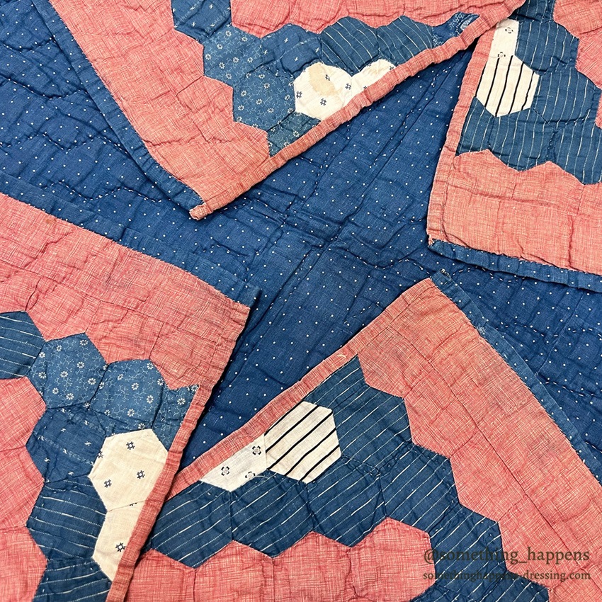 ANTIQUE INDIGO CALICO / PINK OCTAGON QUILT ... 196cm/147cm