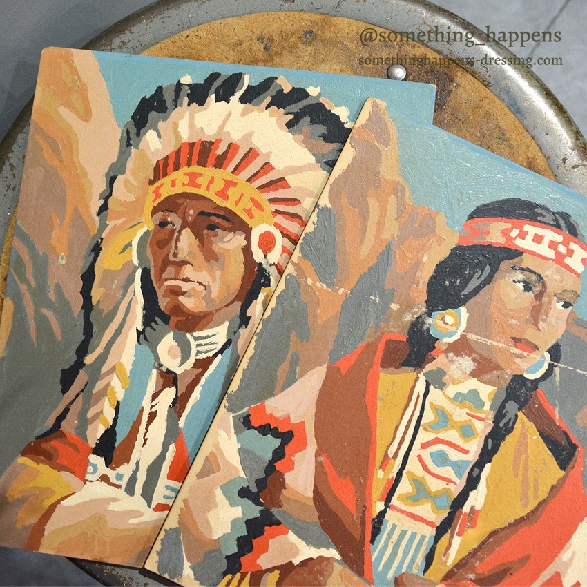 OLD NATIVE AMERICAN ART PORTRAIT PAINTING 2 SET ... 25cm/20cm