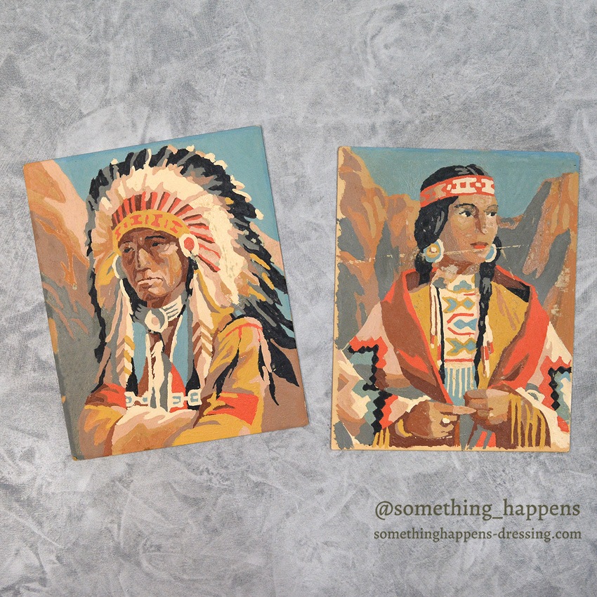 OLD NATIVE AMERICAN ART PORTRAIT PAINTING 2 SET ... 25cm/20cm