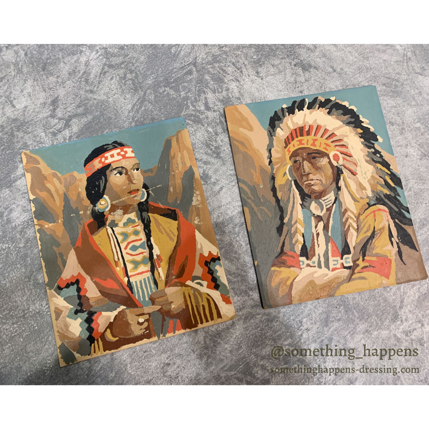 OLD NATIVE AMERICAN ART PORTRAIT PAINTING 2 SET ... 25cm/20cm