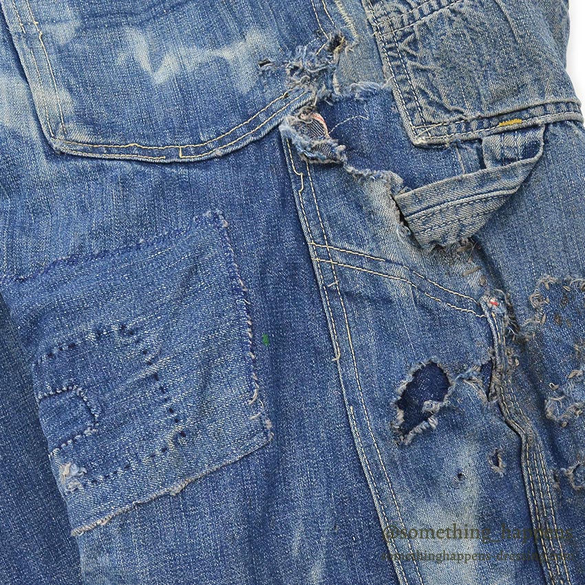 1960's MONEY BAK DENIM PAINTER PANTS SUN FADED / HAND SEWN REPAIRS ... W34/L29