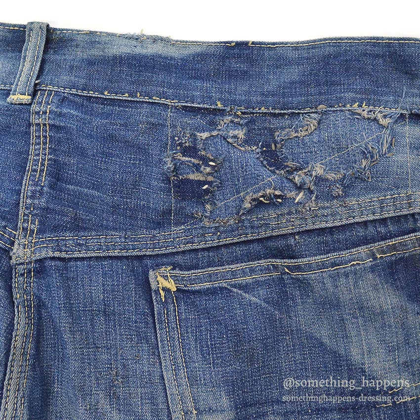 1960's MONEY BAK DENIM PAINTER PANTS SUN FADED / HAND SEWN REPAIRS ... W34/L29