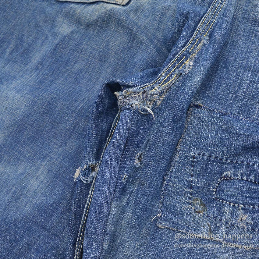 1960's MONEY BAK DENIM PAINTER PANTS SUN FADED / HAND SEWN REPAIRS ... W34/L29