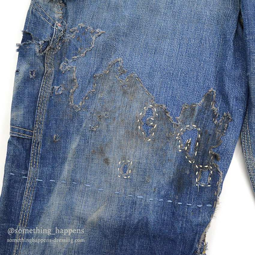 1960's MONEY BAK DENIM PAINTER PANTS SUN FADED / HAND SEWN REPAIRS ... W34/L29