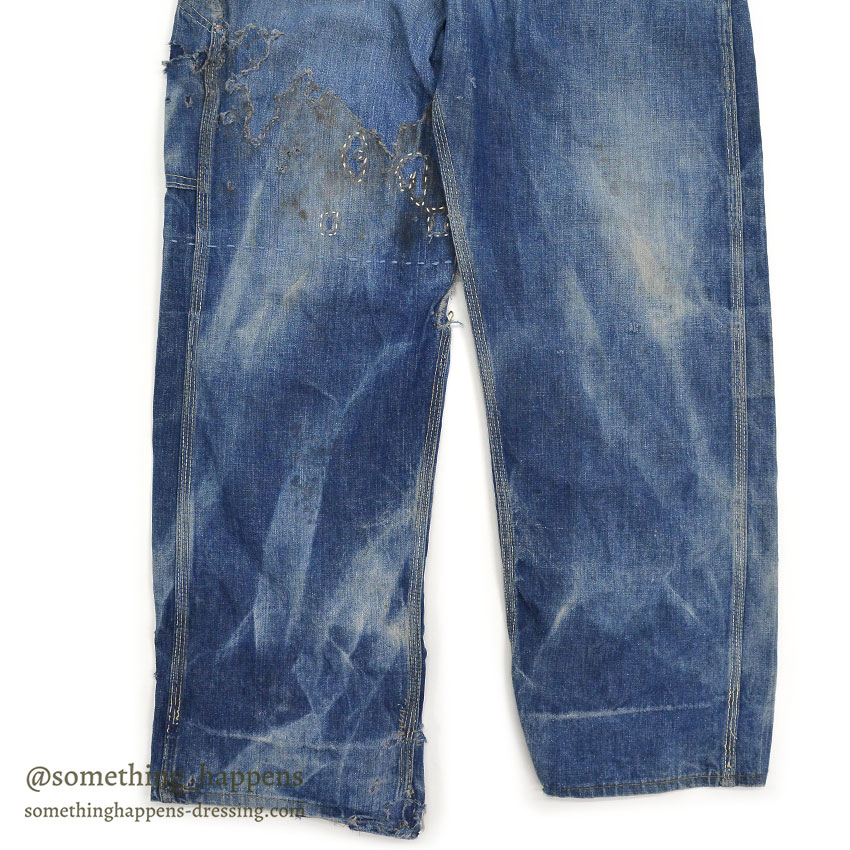 1960's MONEY BAK DENIM PAINTER PANTS SUN FADED / HAND SEWN REPAIRS ... W34/L29