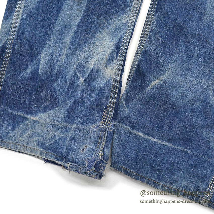 1960's MONEY BAK DENIM PAINTER PANTS SUN FADED / HAND SEWN REPAIRS ... W34/L29