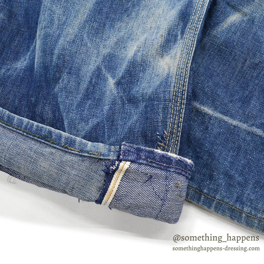 1960's MONEY BAK DENIM PAINTER PANTS SUN FADED / HAND SEWN REPAIRS ... W34/L29