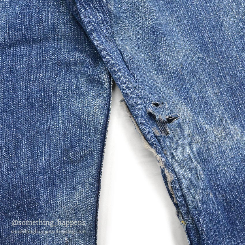 1960's MONEY BAK DENIM PAINTER PANTS SUN FADED / HAND SEWN REPAIRS ... W34/L29