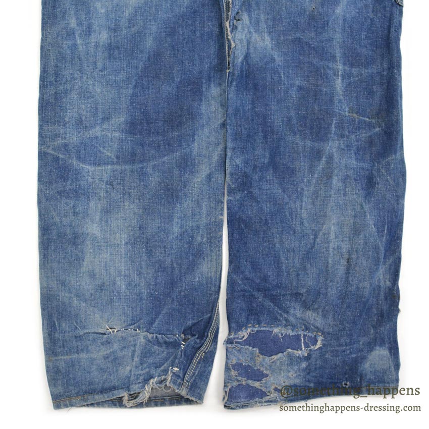 1960's MONEY BAK DENIM PAINTER PANTS SUN FADED / HAND SEWN REPAIRS ... W34/L29