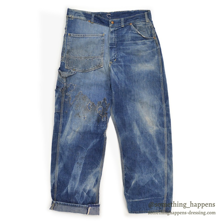 1960's MONEY BAK DENIM PAINTER PANTS SUN FADED / HAND SEWN REPAIRS ... W34/L29