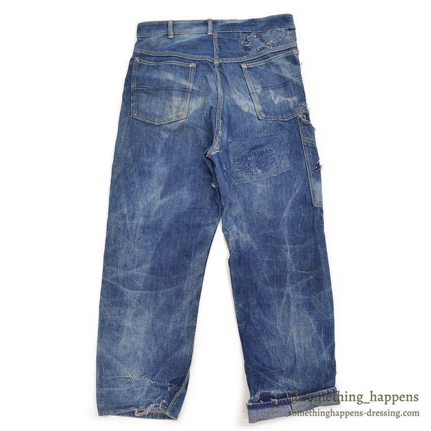 1960's MONEY BAK DENIM PAINTER PANTS SUN FADED / HAND SEWN REPAIRS ... W34/L29
