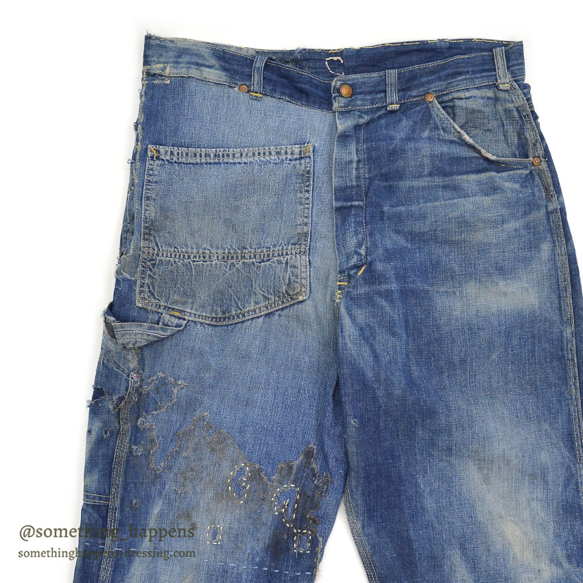 1960's MONEY BAK DENIM PAINTER PANTS SUN FADED / HAND SEWN REPAIRS ... W34/L29