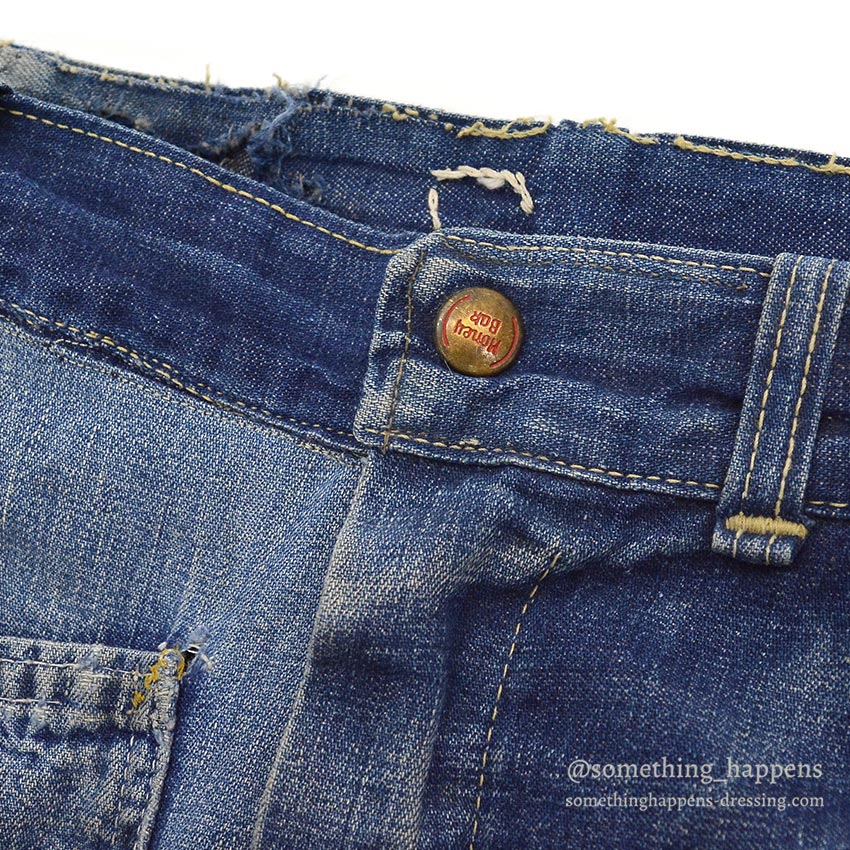 1960's MONEY BAK DENIM PAINTER PANTS SUN FADED / HAND SEWN REPAIRS ... W34/L29