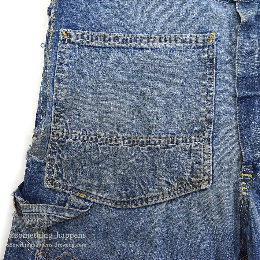 1960's MONEY BAK DENIM PAINTER PANTS SUN FADED / HAND SEWN REPAIRS ... W34/L29