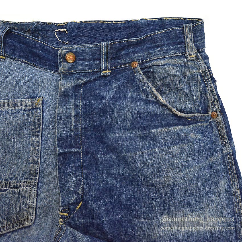 1960's MONEY BAK DENIM PAINTER PANTS SUN FADED / HAND SEWN REPAIRS ... W34/L29