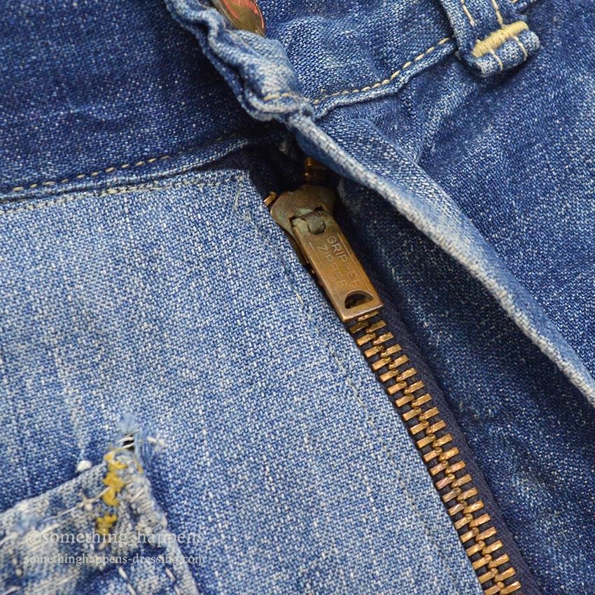 1960's MONEY BAK DENIM PAINTER PANTS SUN FADED / HAND SEWN REPAIRS ... W34/L29