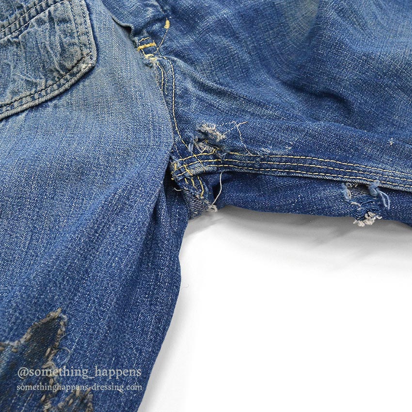 1960's MONEY BAK DENIM PAINTER PANTS SUN FADED / HAND SEWN REPAIRS ... W34/L29