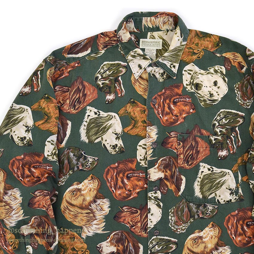 1980's BANANA REPUBLIC SAFARI & TRAVEL DOG PRINT SHIRT 1 ... M