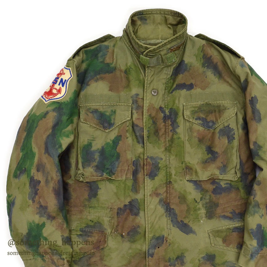 1970's M-65 U.S.N. MIUW-604 HAND PAINTED CAMO FIELD JACKET WITH LINER ... M-R