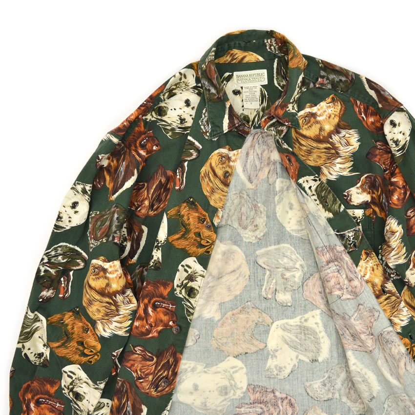 1980's BANANA REPUBLIC SAFARI & TRAVEL DOG PRINT SHIRT  S