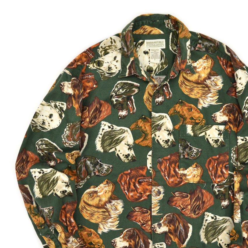 1980's BANANA REPUBLIC SAFARI & TRAVEL DOG PRINT SHIRT  S