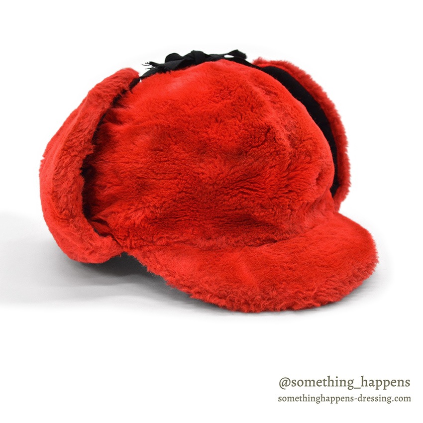1960's~ RED FAUX FUR TRAPPER HAT ... XL