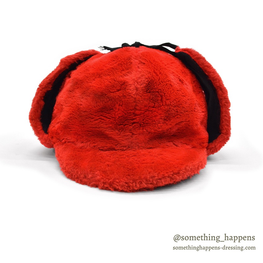1960's~ RED FAUX FUR TRAPPER HAT ... XL