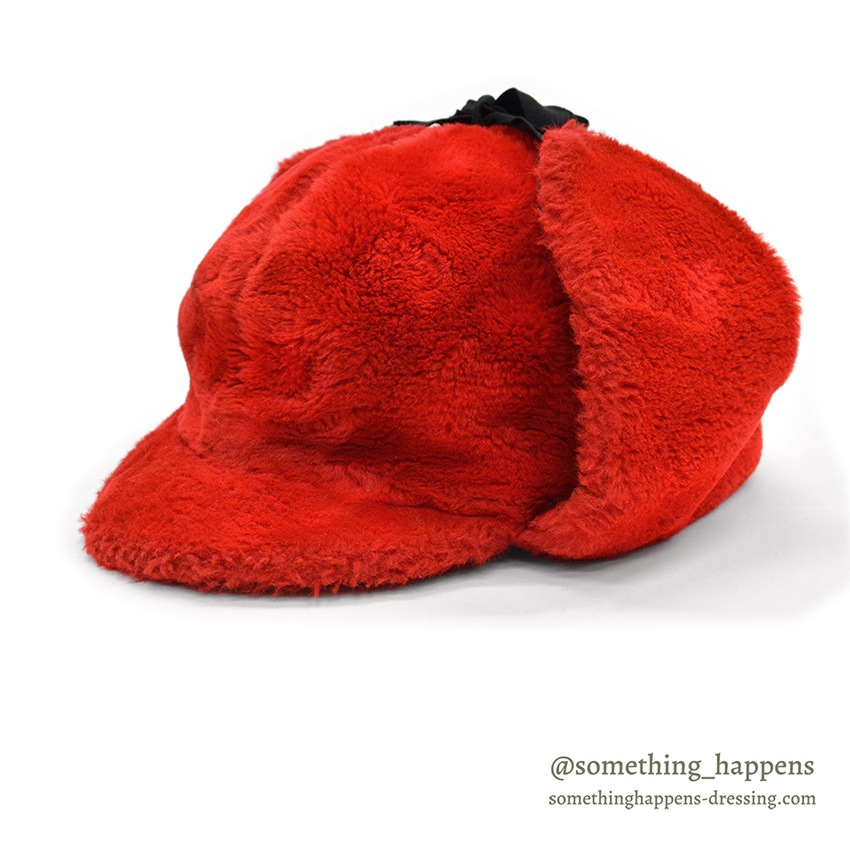 1960's~ RED FAUX FUR TRAPPER HAT ... XL