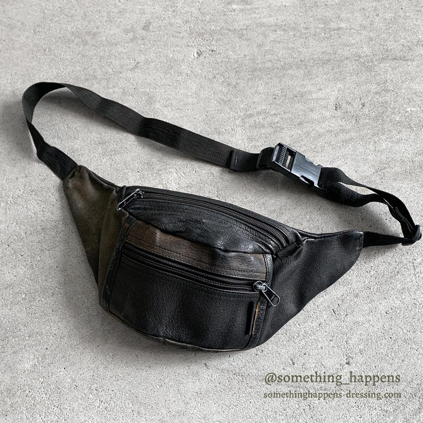 1980's EDDIE BAUER LEATHER FANNY PACK BLACK NEW ARRIVALS SomethingHappens