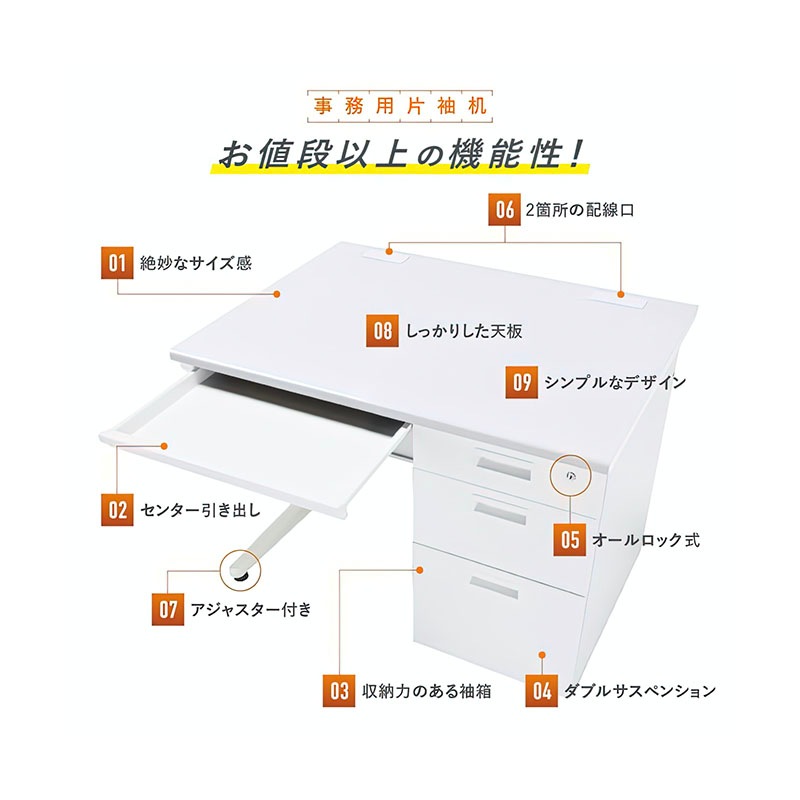 事務用ホワイト片袖机（W1100×D700×H700）KDW-117S