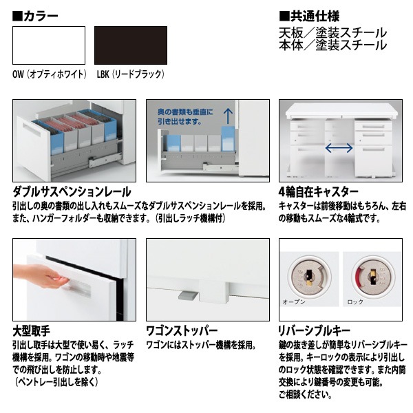オフィスワゴン A4-3段タイプ 【搬入設置に業者がお伺い】 W39.5xD58.5xH60.6cm 脇机 サイドワゴン ワゴン オフィスデスク用