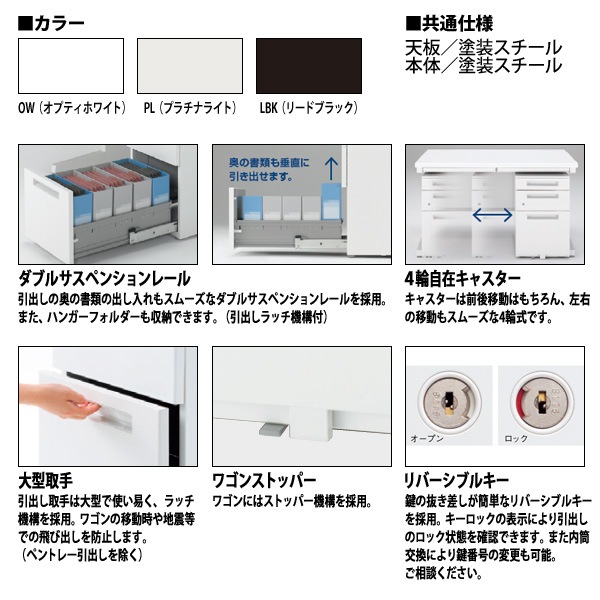 オフィスワゴン A4-3段タイプ 【搬入設置に業者がお伺い】 W39.5xD58.5xH65cm 脇机 サイドワゴン ワゴン オフィスデスク用