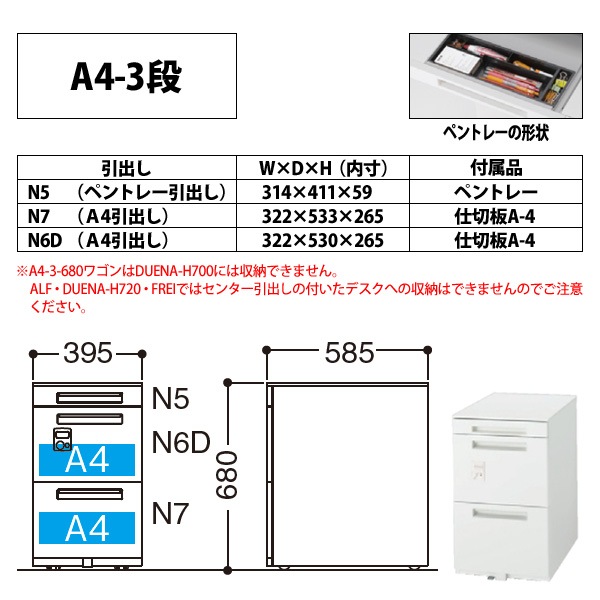 ダイヤル錠オフィスワゴン A4-3段タイプ 【搬入設置に業者がお伺い】 W39.5xD58.5xH68cm 脇机 サイドワゴン ワゴン オフィスデスク用