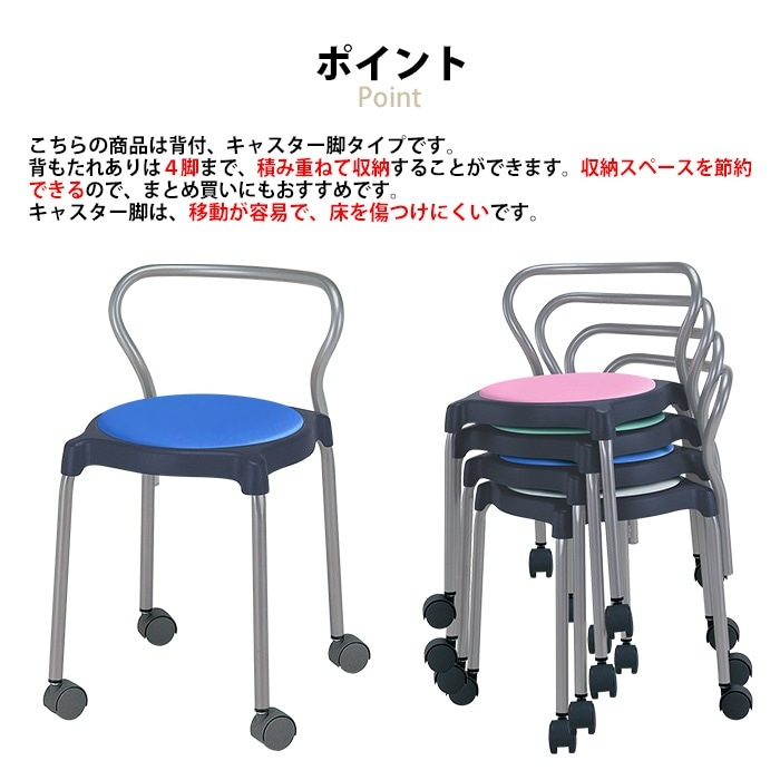 スツール 丸椅子 E-CUPPO-BC-4 幅41x奥行43x高さ65cm 座面高44.5cm 座面Φ36cm 4脚セット 背付 キャスター付 丸イス 事務椅子 おしゃれ ニシキ工業 オフィス家具