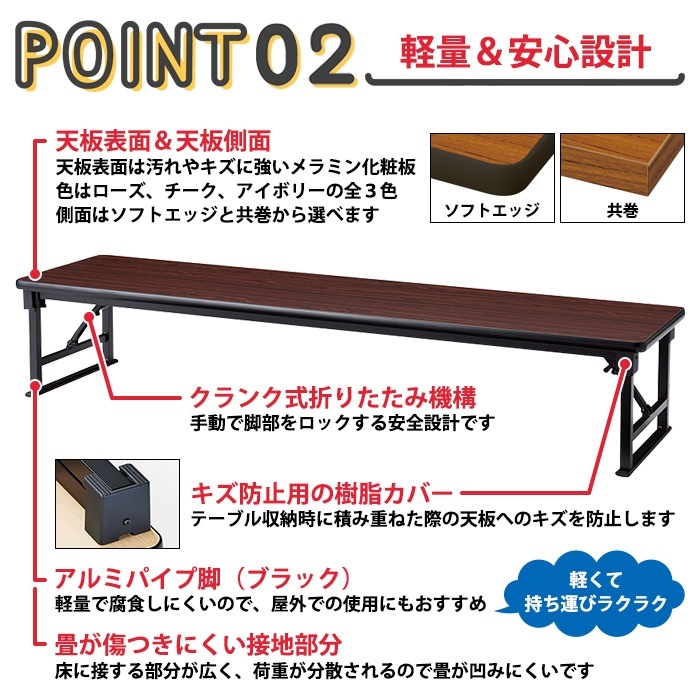 長机 折りたたみ 座卓 ロー 会議用テーブル 軽量 会議テーブル 畳 和室 E-AZP-1845T 幅180x奥行45x高さ33cm 共巻 角型 会社 店舗 会議室 自治会 町内会 公民館 集会所 学童 学校 神社 お寺 日本製