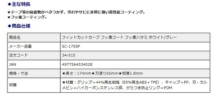 プラス(PLUS) はさみ ハサミ フィットカットカーブ フッ素コート ホワイト/グレー SC-175SF 34-515